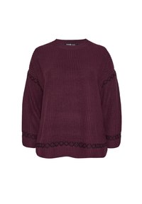 Pull en maille bordeaux avec des manches larges, présentant des accents de motifs géométriques noirs au niveau de l'ourlet et des poignets. Encolure ronde et coupe décontractée.