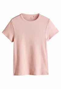 Helles rosa Kurzarm-T-Shirt mit gerippter Struktur und Rundhalsausschnitt, flach auf einem neutralen Hintergrund präsentiert.