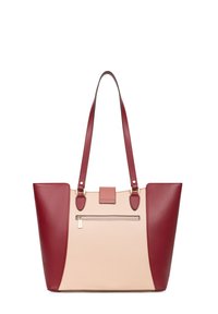 Borsa con un design strutturato, caratterizzata da un corpo principale di un beige rosato e accenti di un borgogna intenso. Dettaglio della cerniera dorata e doppi manici.