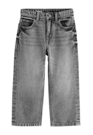Szare dżinsy denim o prostych nogawkach, z przednimi kieszeniami, szlufkami na pasek oraz zapięciem na guzik w talii.