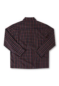 Navy checkered shirt with red and white plaid pattern, long sleeves, and a small collar. Features a back yoke and two rear pleats.