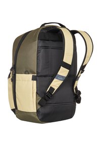 Backpack with padded black back panel, olive green and beige front, two beige shoulder straps, and side zipper pocket.