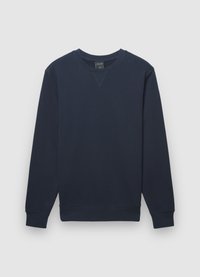 Sweat-shirt en coton bleu marine avec un col rond côtelé, des manches longues et un détail de point en V au niveau du col. Texture lisse, sans motifs visibles.