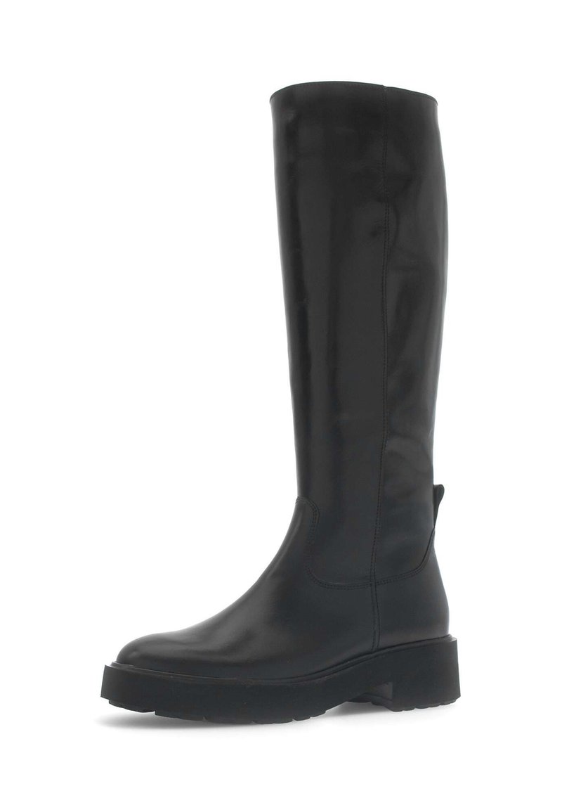 Black knee-high leather boots with a smooth finish, rounded toe, thick sole, and side pull tab for easy wear. Designed for durability and comfort.
