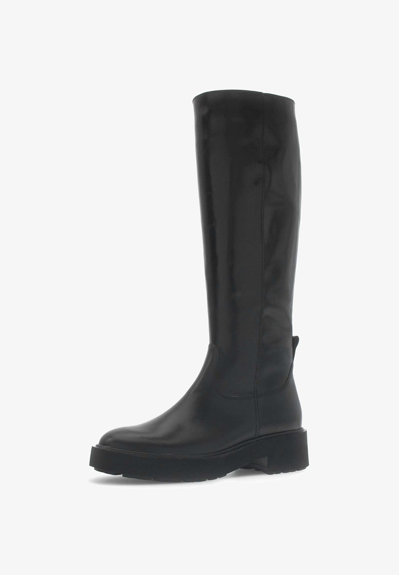 Zwarte leren laarzen tot de knie met een gladde afwerking, ronde neus, dikke zool en een zijhandvat voor gemakkelijke toegang. Ontworpen voor duurzaamheid en comfort.