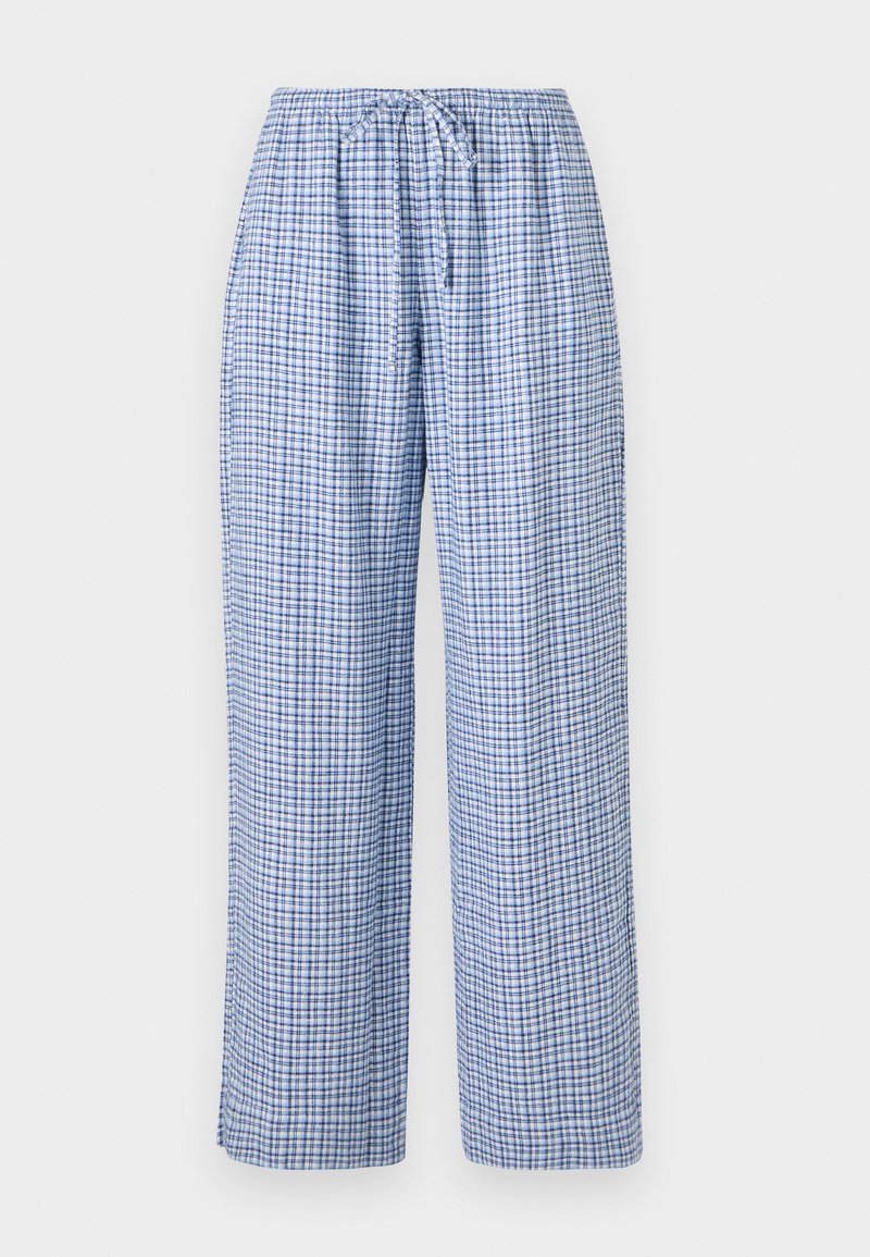 Niebieskie w kratę spodnie pajamowe z elastycznym paskiem i sznurkiem do regulacji. Luźny krój z miękkim wykończeniem materiału. Brak widocznych kieszeni.