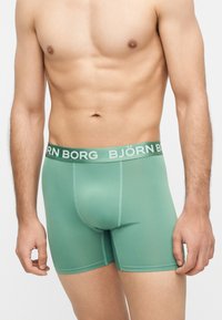 Ανδρικός κορμός με εφαρμοστά πράσινα μπόξερ Björn Borg, όρθιος με χαλαρωμένα χέρια σε απλό φωτεινό φόντο.