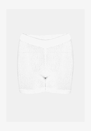 Valkoiset neulotut shortsit, joissa on tiheä kudos, joustava vyötärö ja saumanvapaa muotoilu lahkeissa. Minimalistinen ja toiminnallinen tyyli.