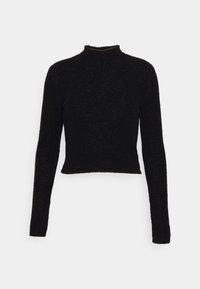Schwarzer, kurzköpfiger Turtleneck-Pullover aus weichem, strukturiertem Stoff mit einem subtilen Schimmer, der lange Ärmel und ein eng anliegendes Design aufweist.