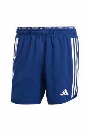 Navy blue running shorts made of lightweight fabric, featuring a white elastic waistband with "RUNNING" text and three white stripes on each side.