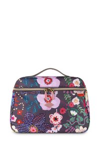 Multikleurige bloemen make-uptas, gemaakt van glanzend materiaal, met een gouden rits, een handvat aan de bovenkant en een verscheidenheid aan levendige bloemmotieven.