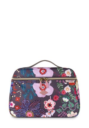 Multikleurige bloemen make-uptas, gemaakt van glanzend materiaal, met een gouden rits, een handvat aan de bovenkant en een verscheidenheid aan levendige bloemmotieven.