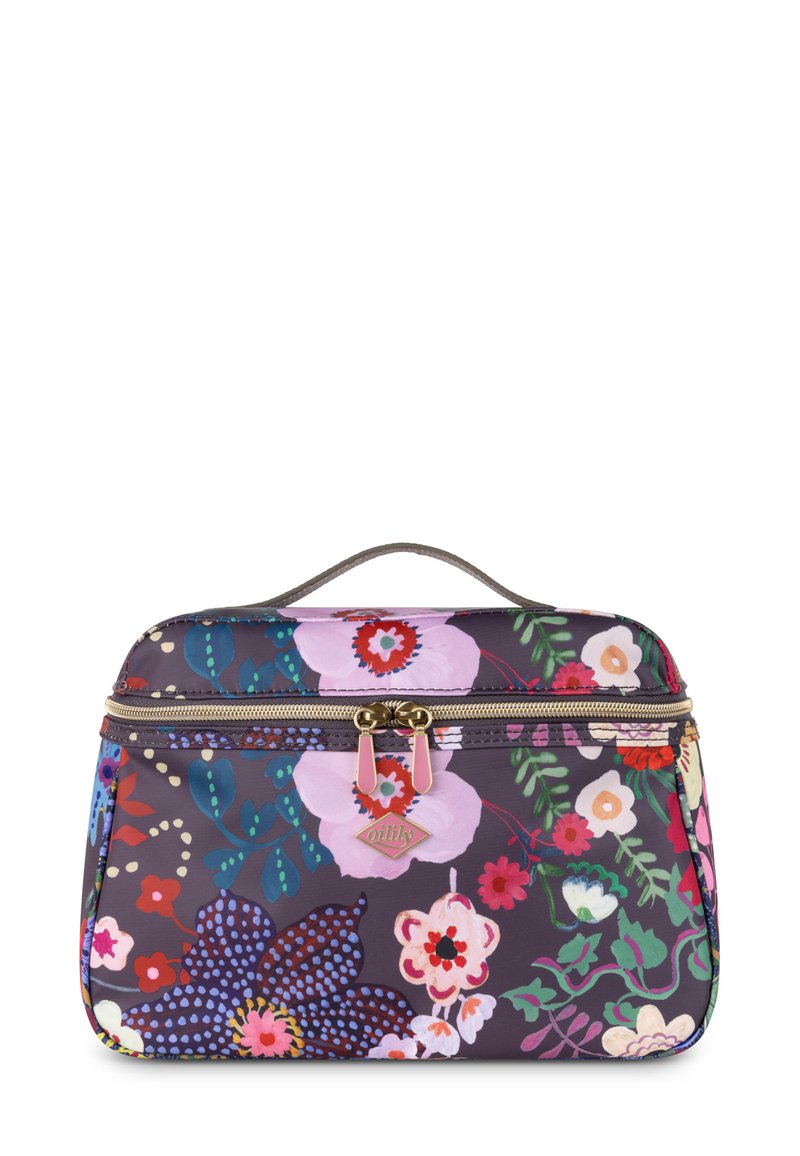 Multikleurige bloemen make-uptas, gemaakt van glanzend materiaal, met een gouden rits, een handvat aan de bovenkant en een verscheidenheid aan levendige bloemmotieven.