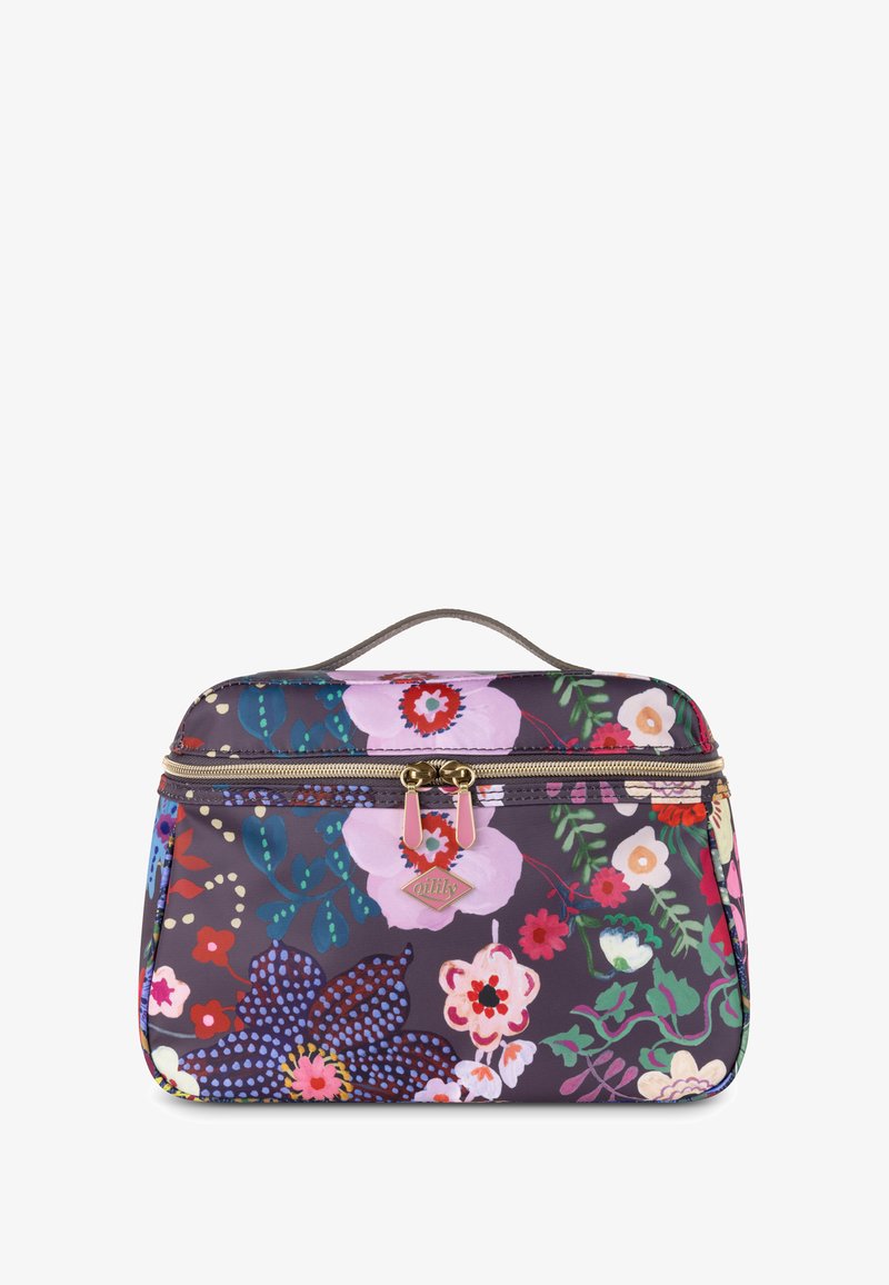 Multikleurige bloemen make-uptas, gemaakt van glanzend materiaal, met een gouden rits, een handvat aan de bovenkant en een verscheidenheid aan levendige bloemmotieven.