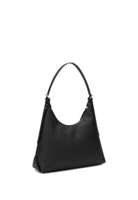 Black leather shoulder bag with a curved shape, smooth texture, and gold-tone hardware accents. Features a zip closure for accessibility.