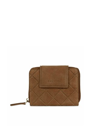 Portafoglio in pelle scamosciata marrone con motivo trapuntato a diamante, chiusura con patta frontale e cerniera con tirante in pelle, marchiato "bugatti".
