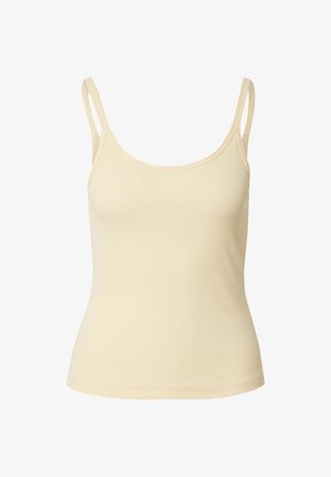 Hellbeige, geripptes Tanktop mit dünnen Trägern und Rundhalsausschnitt, das eine figurbetonte Silhouette und eine glatte Textur aufweist.