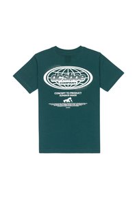 Camiseta de algodón de color verde azulado oscuro con un gran logotipo gráfico blanco y texto en la parte trasera, que presenta una forma ovalada y detalles impresos adicionales debajo.