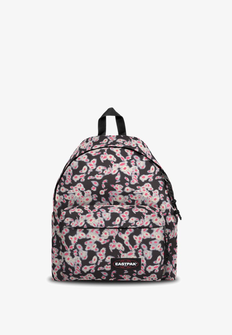 Sac à dos noir avec motif floral blanc et rose, en tissu, poche avant zippée et accessoires noirs. Comprend des bretelles réglables.