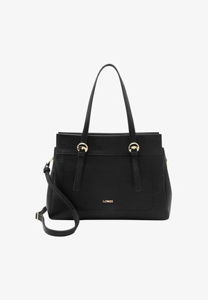 Sac fourre-tout en cuir noir avec finition texturée, deux poignées supérieures, bandoulière amovible et quincaillerie dorée. Logo de marque notable sur le devant.