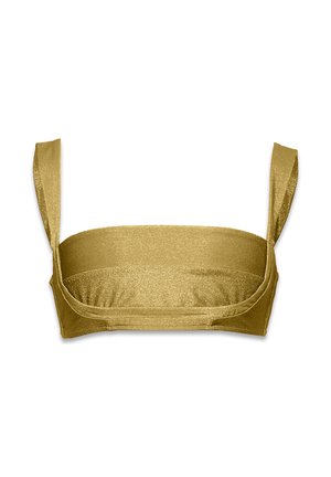 Złoty metaliczny biustonosz braletka z szerokimi ramiączkami i gładką teksturą. Posiada prosty, krótki fason bez wyściółki i fiszbin.