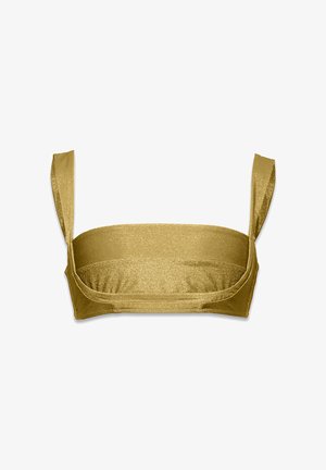 Złoty metaliczny biustonosz braletka z szerokimi ramiączkami i gładką teksturą. Posiada prosty, krótki fason bez wyściółki i fiszbin.