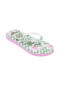 Chanclas con una plantilla verde estampada que presenta flores rosas, tiras blancas y una suela rosa. El texto muestra el logo de la marca en dorado.