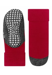 Calze di spugna rosse con una suola grigia a pois di gomma per una migliore aderenza. Maglia spessa e confortevole con risvolto. Taglia indicata come 27-28.