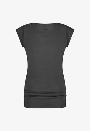 Donkergrijze top met korte mouwen en een ronde halslijn. Heeft een aansluitend lichaam en een gathered zoom voor een comfortabele pasvorm. Gemaakt van zachte, rekbare stof.