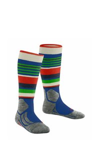 Calze a ginocchio con una base blu, strisce rosse, verdi e bianche, e talloni e punte rinforzati grigi. Morbido tessuto a maglia.