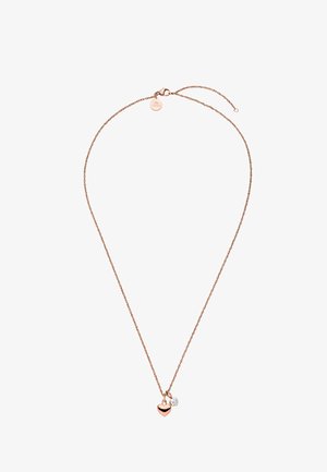 Halskette aus Roségold mit einer zarten Kette, die einen herzförmigen Anhänger und einen kleinen glitzernden Charm enthält. Einfaches, elegantes Design.