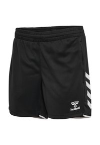 Sorte atletikshorts med elastisk talje, hvide diagonale striber på siderne og hvid hummel-logo på venstre forben.