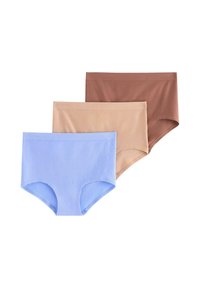 Drie paar naadloze ondergoed in lichtblauw, beige en bruin. Ze hebben een zachte, rekbare stof en een elastische tailleband.