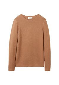 Pull marron à manches longues à côtes, avec un col rond et un tissu texturé. Design simple sans motifs ni accents supplémentaires.