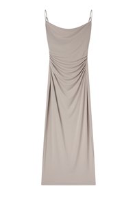 Abito in stile drappeggiato in tessuto beige chiaro, caratterizzato da spalline sottili e dettagli arricciati su un lato, con una silhouette liscia e fluida.