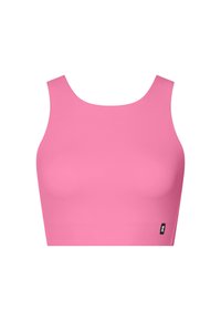 Haut court de sport rose sans manches avec un col rond et une petite étiquette de logo noire en bas à droite.