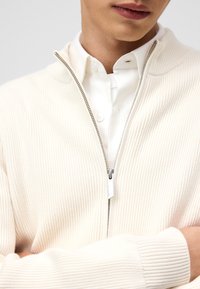 Maglione zip-up крем ribbed con colletto alto, dotato di una zip silver e tessuto texturizzato. Indossato sopra una camicia bianca con colletto.