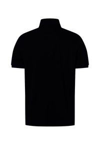 Zwarte poloshirt met korte mouwen, een gekraagde hals, en een gladde textuur. Eenvoudig ontwerp zonder patronen of zichtbare branding.
