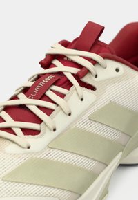 Gros plan sur une chaussure de sport beige et rouge avec des lacets blancs, une tige en mesh et trois bandes vert pâle sur le côté.