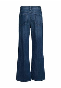 Jeans de mezclilla azul oscuro con cintura alta, piernas anchas y dos bolsillos traseros, mostrados desde la parte trasera sobre un fondo blanco.