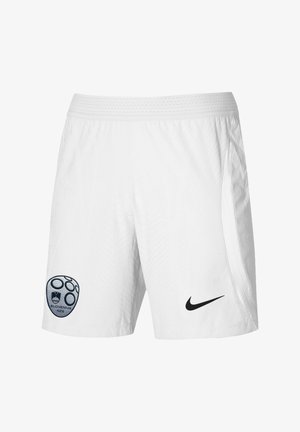 Weiße Sportshorts mit dem Abzeichen der slowenischen Nationalmannschaft am linken Bein und dem schwarzen Nike-Swoosh am rechten Bein.