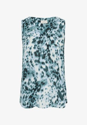 Kerge kangaga ilma varrukateta top, millel on sinine ja valge abstraktne muster, V-kaelus ja lõdvestatud istuvus.