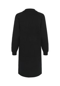 Abito nero lavorato a maglia con collo alto, lunghi maniche a raglan e polsini a coste. Presenta una linea dritta e arriva fino a metà coscia.