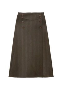 Jupe midi rayée marron avec taille haute, ornée de deux rangées de boutons décoratifs marron à l'avant. Texture de tissu lisse.