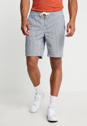 Blau-weiße gestreifte Shorts mit bestickten Mustern, elastischem Bund mit Kordelzug, zwei Seitentaschen und umgeschlagenen Säumen.
