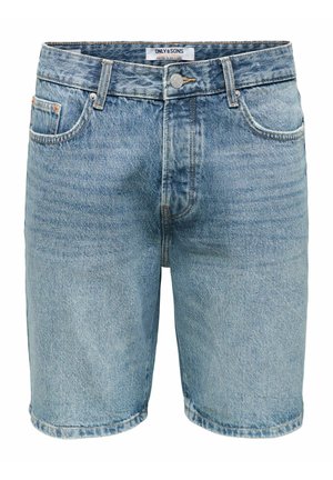 Lyseblå jeansshorts med fem lommer, bæltestropper og lukning med metalknap, mærket "ONLY & SONS" ved linningen.