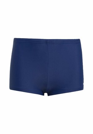 Costume da bagno da uomo blu navy con vestibilità aderente, taglio rettangolare e tessuto liscio, mostrato su sfondo bianco.