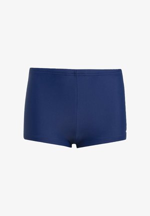 Muške kupaće hlače tamnoplave boje s tijesnim krojem, pravokutnog oblika i glatkim materijalom, prikazane na bijeloj pozadini.