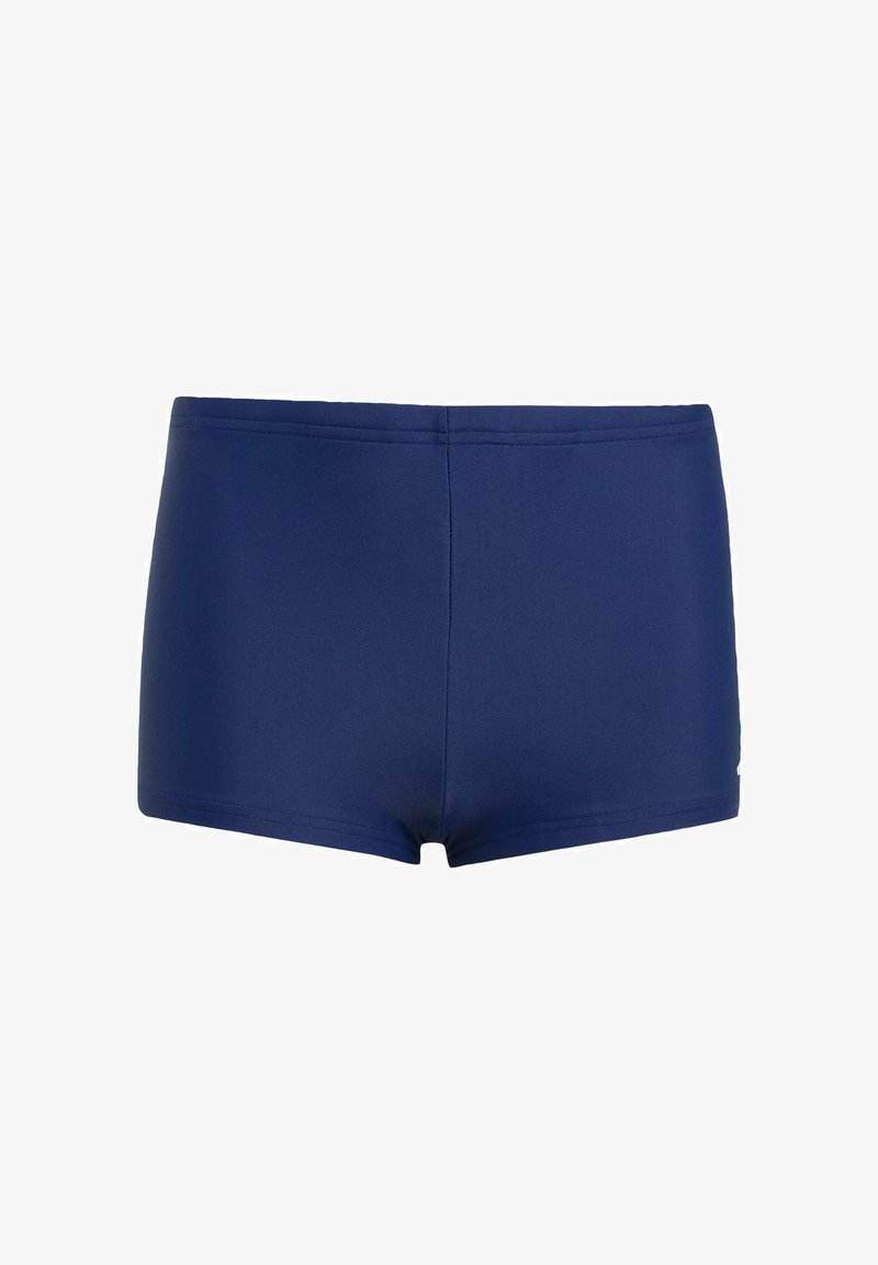 Maillot de bain homme bleu marine avec une coupe ajustée, une coupe rectangulaire et un tissu lisse, présenté sur fond blanc.