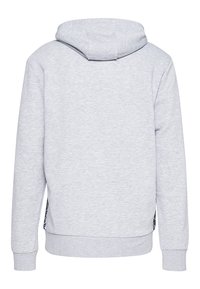 Grauer Kapuzenpullover mit langen Ärmeln, weichem Material, Kängurutasche und Seitenpaneeldetails. Mit einem gerippten Saum und Bündchen versehen.